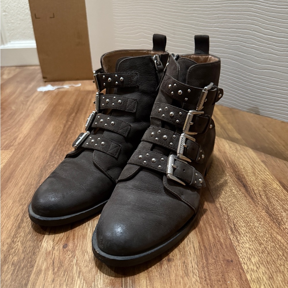 Halogen Lily Charcoal Leather Buckle Moto Chelsea Boots